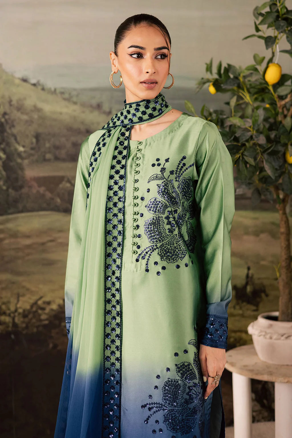 NUREH UNSTITCHED 3-PC SHAMOZ SILK TIE N DIE EMBROIDERED SHIRT AND MEDIUM SILK TIE N DIE EMBROIDERED DUPATTA AND PRINTED TROUSER KZ-2019