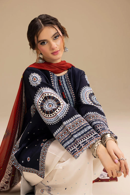 JAZMIN UNSTITCHED 3-PC DHANAK EMBOIDERED SHIRT WITH COUTRAI PRINTED SHAWL AND TROUSER KZ-2006