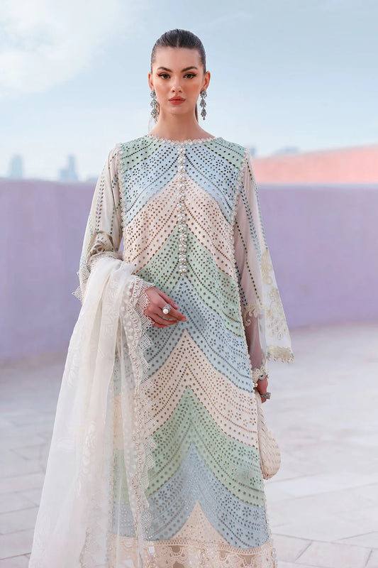 MARIA B UNSTITCHED 3-PC LAWN MULTIPLE SHADES CHIKANKARI EMBROIDERED SHIRT WITH SELF JACQUARD EMBROIDERED DUPATTA AND EMB TROUSER KZ-2072