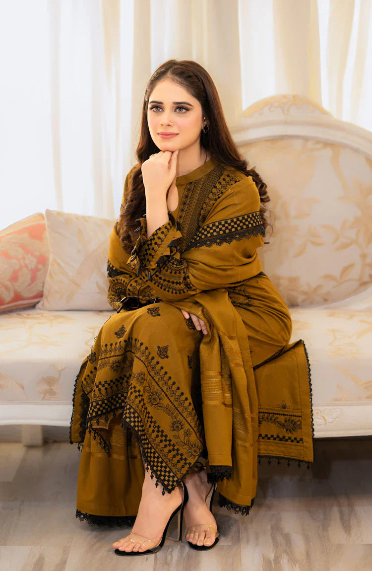 LIBAAS UNSTITCHED 3-PC DHANAK EMBOIDERED SHIRT WITH DHANAK EMBROIDERED SHAWL AND TROUSER KZ-2002