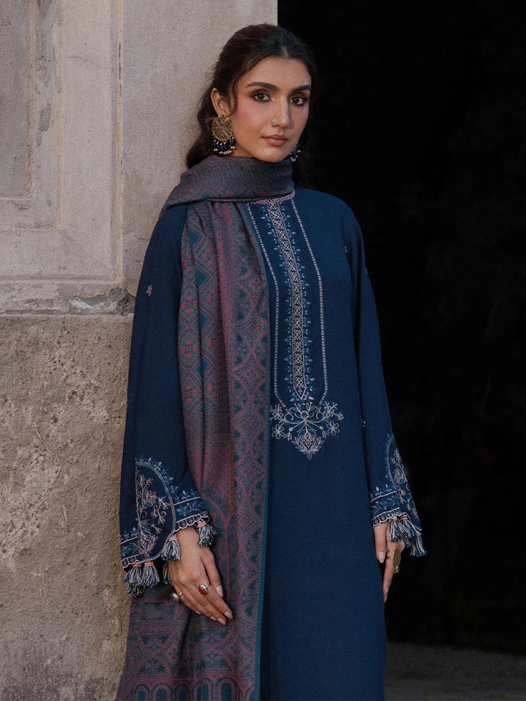IZEL UNSTITCHED 3-PC DHANAK EMBROIDERED SHIRT WITH COUTRAI PRINTED SHAWL AND TROUSER KZ-2056