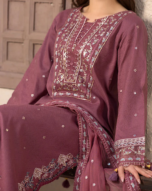 JADE UNTITCHED 3-PC DHANAK SEQUENCE EMBROIDERED SHIRT WITH DHANAK EMBROIDERED SHAWL AND TROUSER KZ-2022