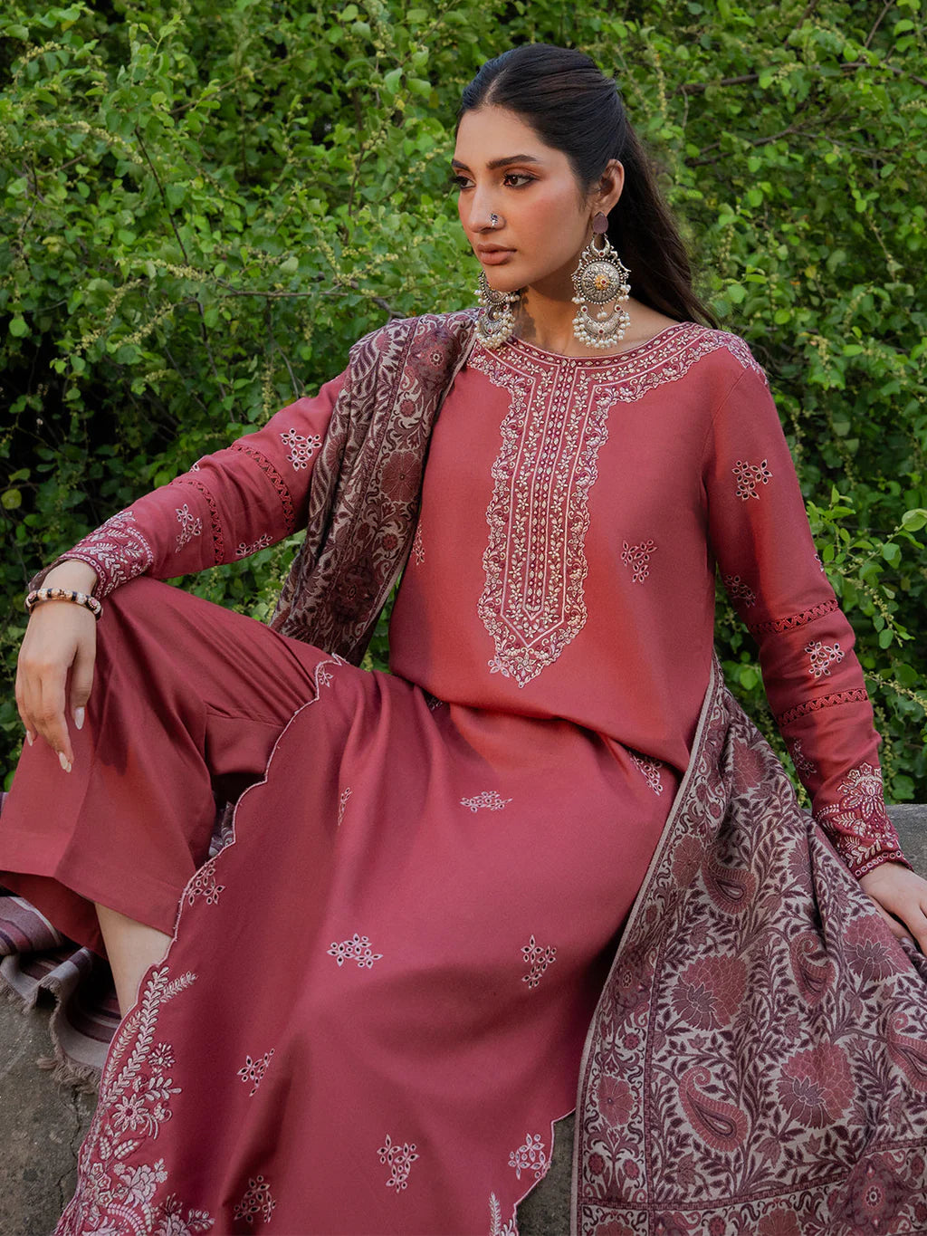 IZEL UNSTITCHED 3-PC DHANAK EMBROIDERED SHIRT WITH COUTRAI PRINTED SHAWL AND TROUSER KZ-2059