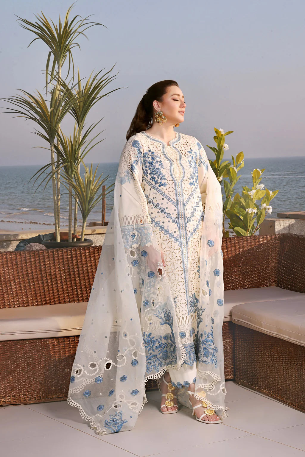 ANEELAS UNSTITCHED 3-PC LAWN CHIKANKARI EMBROIDERED SHIRT WITH ORGANZA EMBROIDERED DUPATTA AND TROUSER KZ-2073