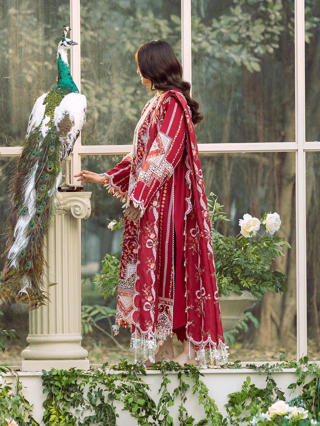 BIN ILYAS UNSTITCHED 3-PC LAWN HEAVY EMBROIDERED SHIRT WITH KHAADI NET EMBROIDERED SHAWL AND LAWN TROUSER KZ-2029
