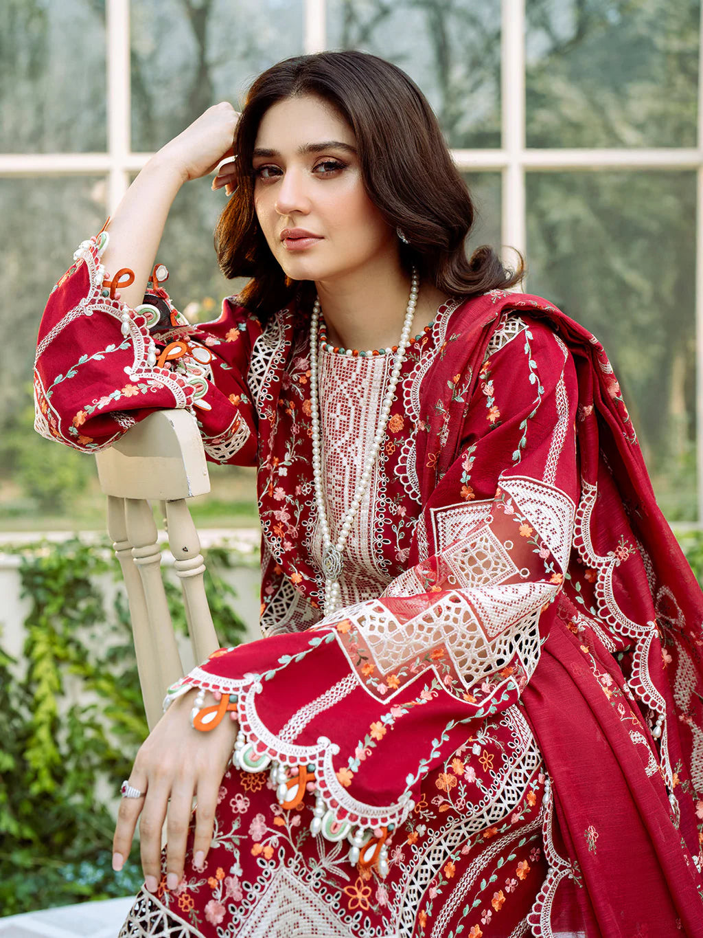 BIN ILYAS UNSTITCHED 3-PC LAWN HEAVY EMBROIDERED SHIRT WITH KHAADI NET EMBROIDERED SHAWL AND LAWN TROUSER KZ-2029