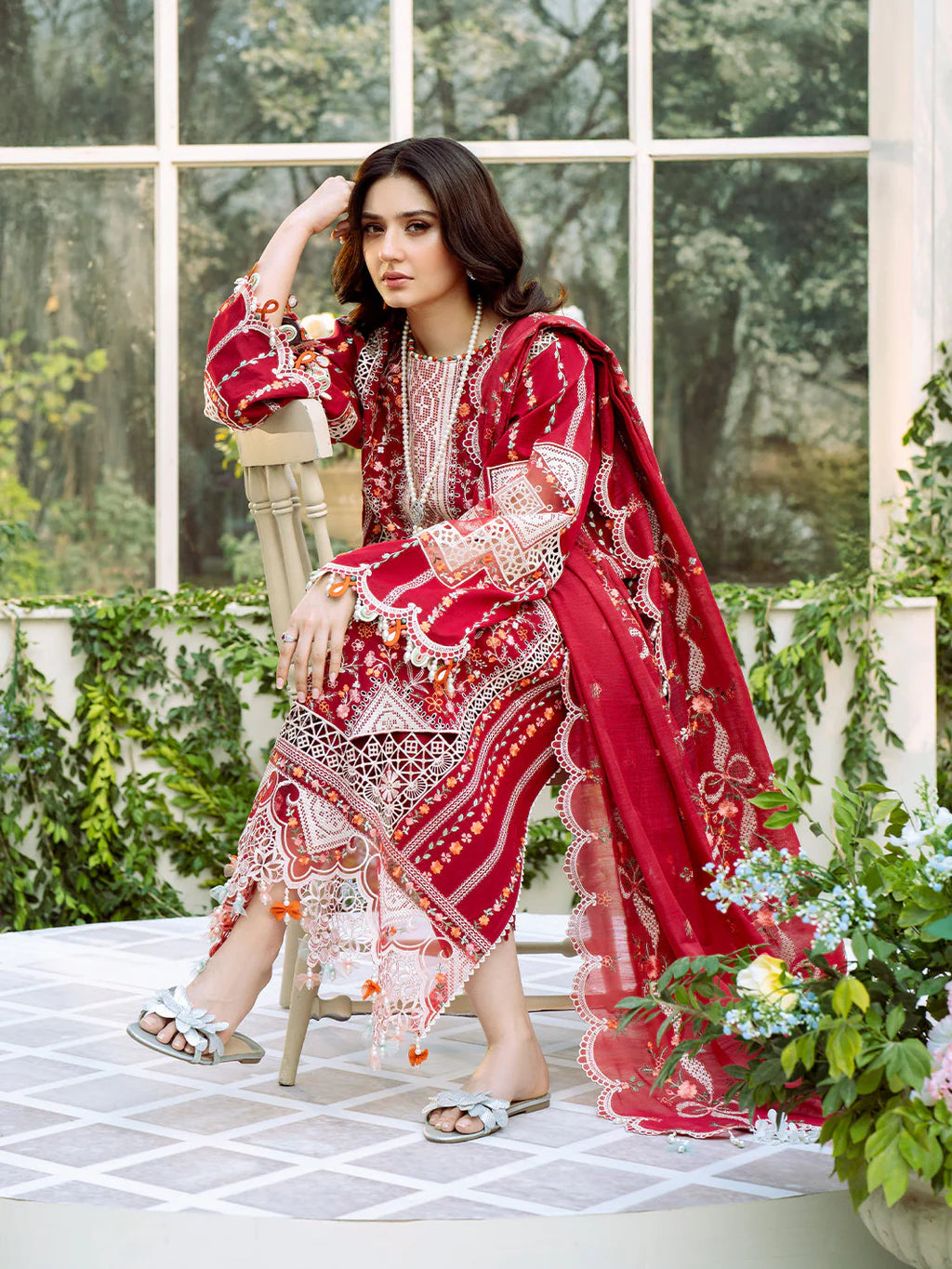 BIN ILYAS UNSTITCHED 3-PC LAWN HEAVY EMBROIDERED SHIRT WITH KHAADI NET EMBROIDERED SHAWL AND LAWN TROUSER KZ-2029