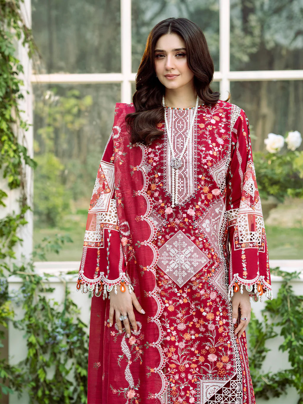 BIN ILYAS UNSTITCHED 3-PC LAWN HEAVY EMBROIDERED SHIRT WITH KHAADI NET EMBROIDERED SHAWL AND LAWN TROUSER KZ-2029