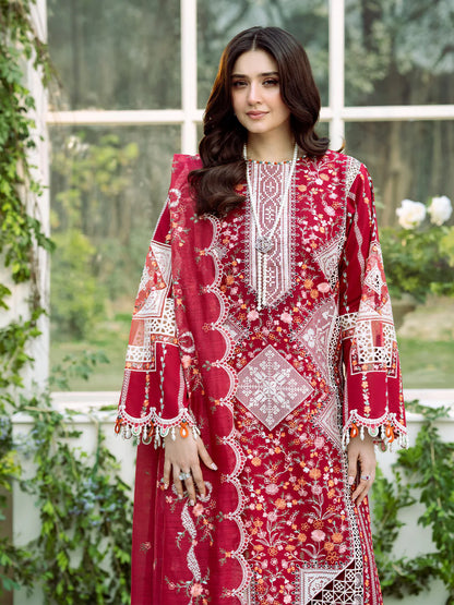 BIN ILYAS UNSTITCHED 3-PC LAWN HEAVY EMBROIDERED SHIRT WITH KHAADI NET EMBROIDERED SHAWL AND LAWN TROUSER KZ-2029