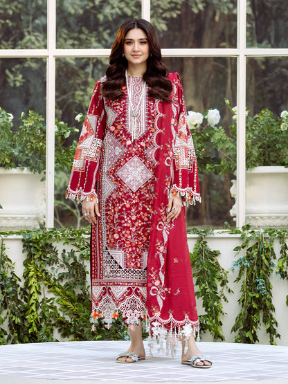 BIN ILYAS UNSTITCHED 3-PC LAWN HEAVY EMBROIDERED SHIRT WITH KHAADI NET EMBROIDERED SHAWL AND LAWN TROUSER KZ-2029
