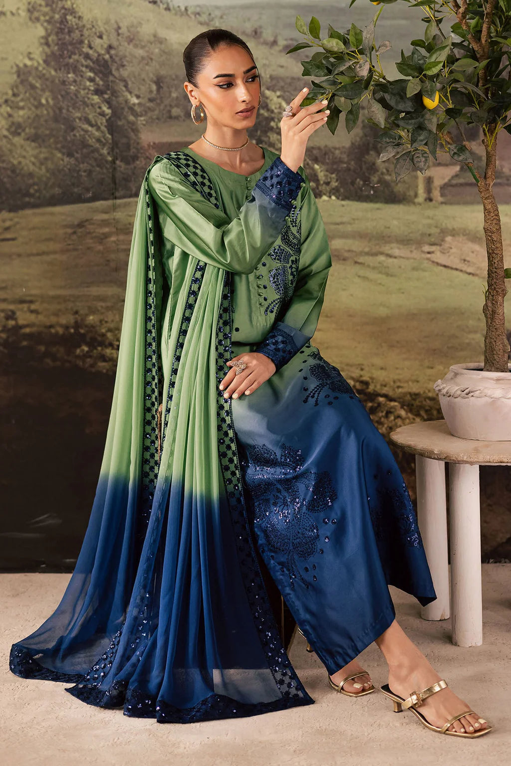 NUREH UNSTITCHED 3-PC SHAMOZ SILK TIE N DIE EMBROIDERED SHIRT AND MEDIUM SILK TIE N DIE EMBROIDERED DUPATTA AND PRINTED TROUSER KZ-2019