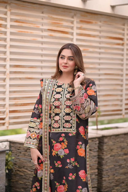 ANEEELAS UNSTITCHED 3-PC SHAMOZ SILK PRINT EMBROIDERED SHIRT AND MEDIUM SILK PRINT EMBROIDERED DUPATTA AND PRINTED TROUSER KZ-2018