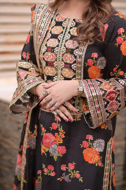 ANEEELAS UNSTITCHED 3-PC SHAMOZ SILK PRINT EMBROIDERED SHIRT AND MEDIUM SILK PRINT EMBROIDERED DUPATTA AND PRINTED TROUSER KZ-2018