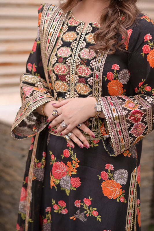 ANEEELAS UNSTITCHED 3-PC SHAMOZ SILK PRINT EMBROIDERED SHIRT AND MEDIUM SILK PRINT EMBROIDERED DUPATTA AND PRINTED TROUSER KZ-2018