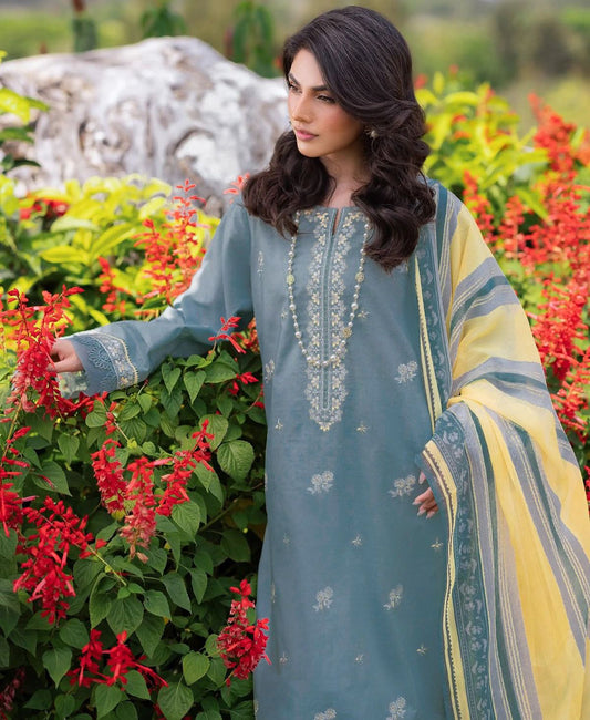 EDENROBE UNSTITCHED 3-PC DHANAK EMBROIDERED SHIRT WITH COUTRAI PRINTED SHAWL AND TROUSER KZ-2015