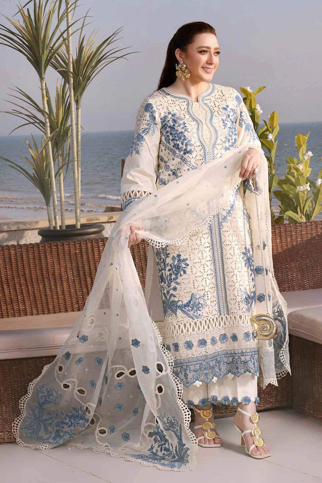ANEELAS UNSTITCHED 3-PC LAWN CHIKANKARI EMBROIDERED SHIRT WITH ORGANZA EMBROIDERED DUPATTA AND TROUSER KZ-2073