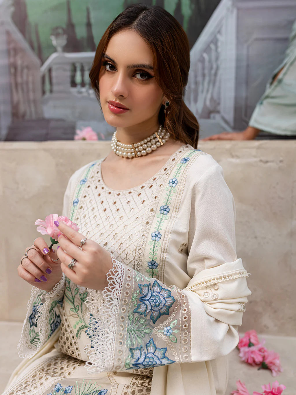 MAHNUR UNSTITCHED 3-PC LAWN LASER CUTWORK EMB SHIRT WITH LAWN EMBROIDERED DUPATTA AND TROUSER KZ-2060