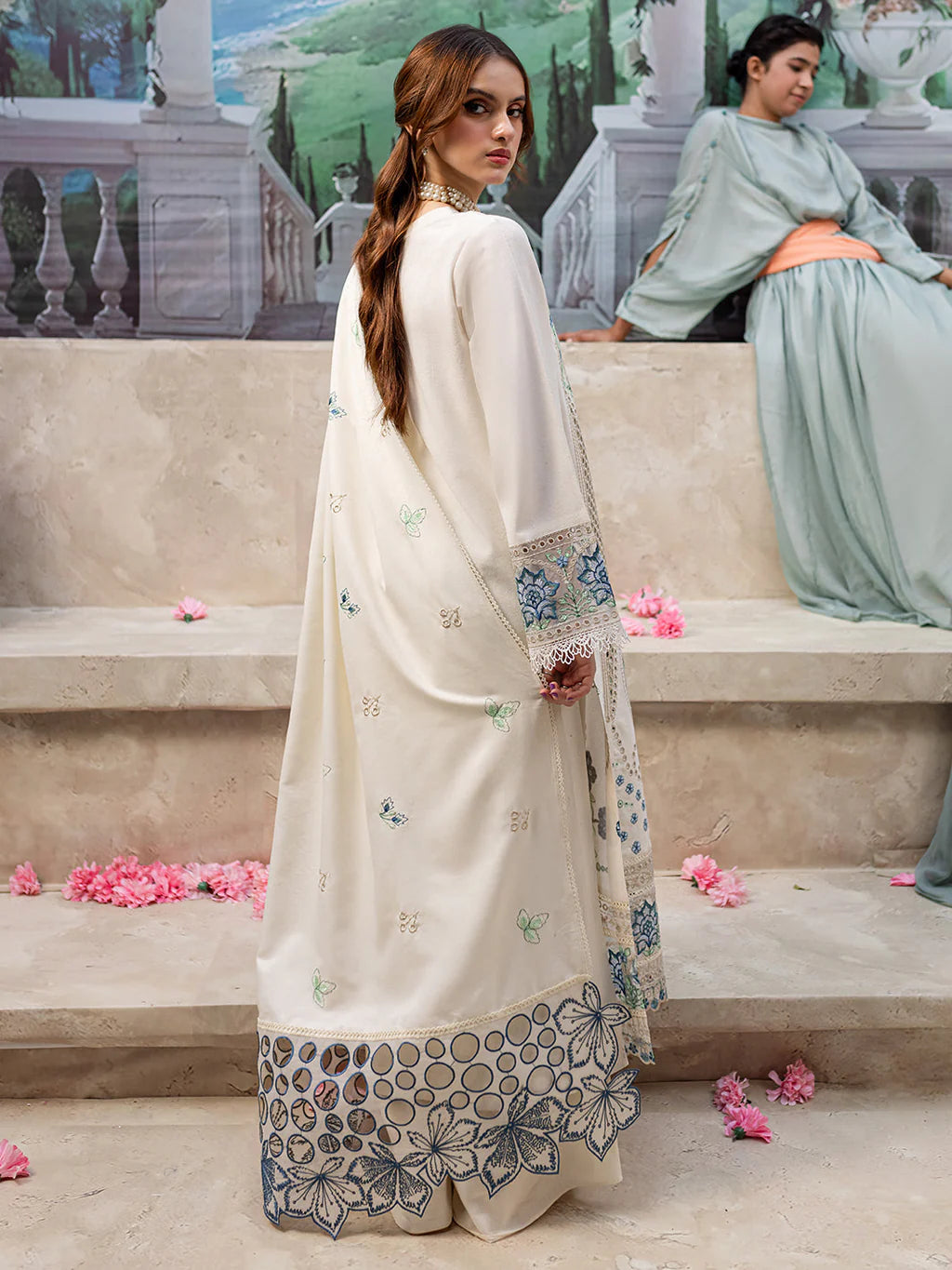 MAHNUR UNSTITCHED 3-PC LAWN LASER CUTWORK EMB SHIRT WITH LAWN EMBROIDERED DUPATTA AND TROUSER KZ-2060