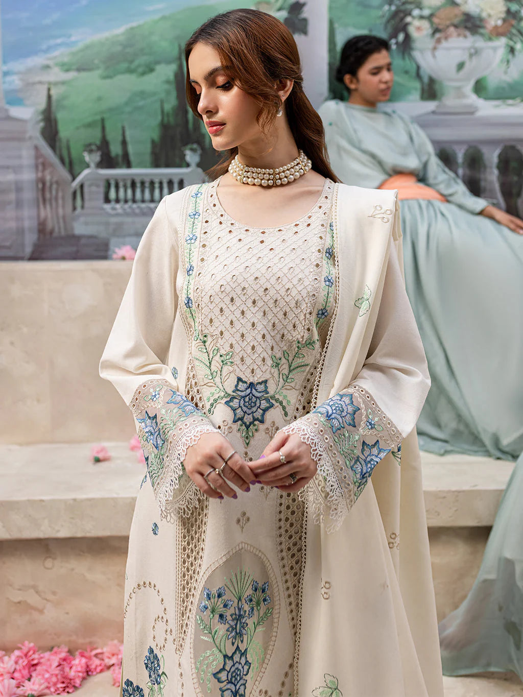 MAHNUR UNSTITCHED 3-PC LAWN LASER CUTWORK EMB SHIRT WITH LAWN EMBROIDERED DUPATTA AND TROUSER KZ-2060