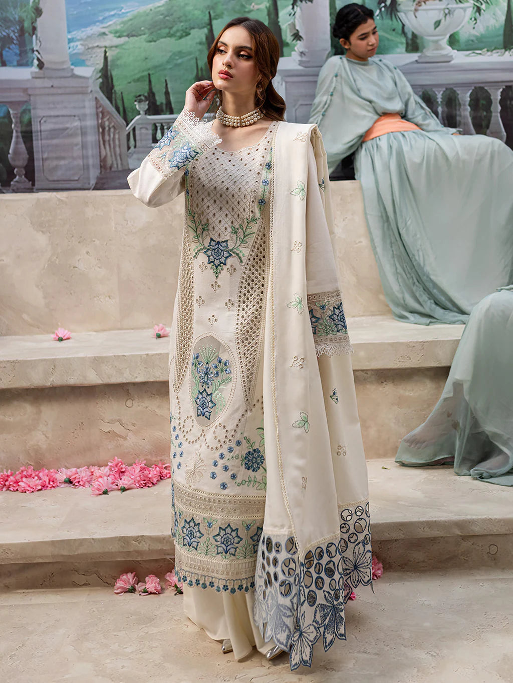 MAHNUR UNSTITCHED 3-PC LAWN LASER CUTWORK EMB SHIRT WITH LAWN EMBROIDERED DUPATTA AND TROUSER KZ-2060