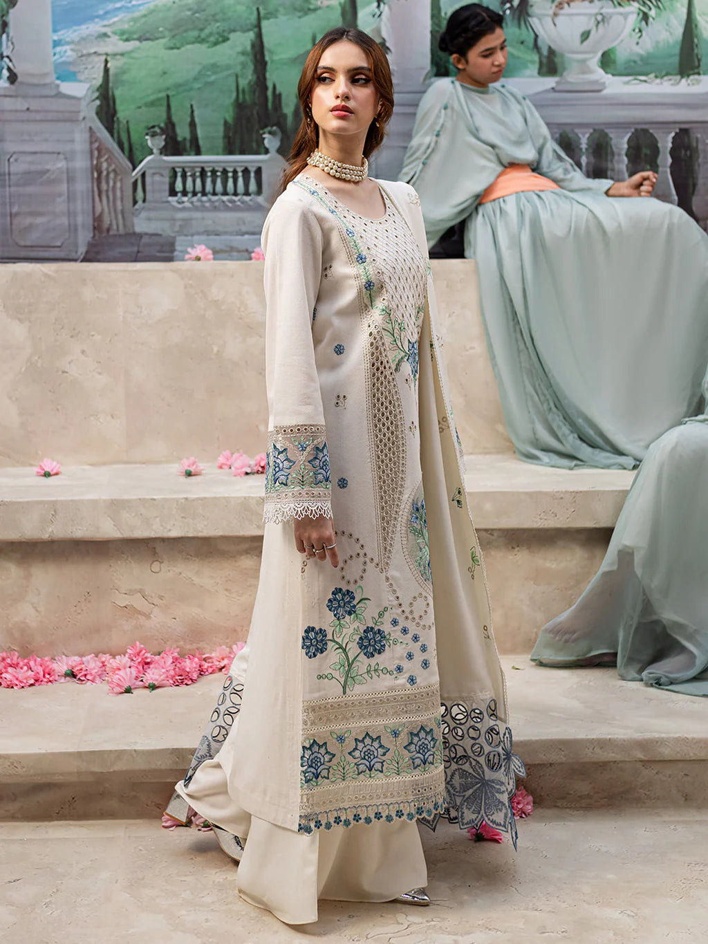 MAHNUR UNSTITCHED 3-PC LAWN LASER CUTWORK EMB SHIRT WITH LAWN EMBROIDERED DUPATTA AND TROUSER KZ-2060