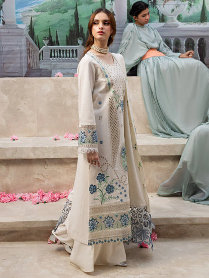 MAHNUR UNSTITCHED 3-PC LAWN LASER CUTWORK EMB SHIRT WITH LAWN EMBROIDERED DUPATTA AND TROUSER KZ-2060
