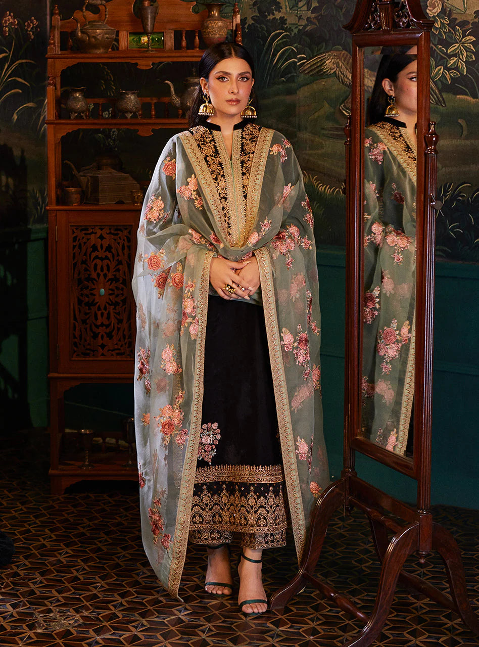 ZAINAB CHOTTANI UNSTITCHED 3-PC VELVET EMBROIDERED SHIRT AND ORGANZA EMBROIDERED DUPATTA WITH SILK TROUSER KZ-2040