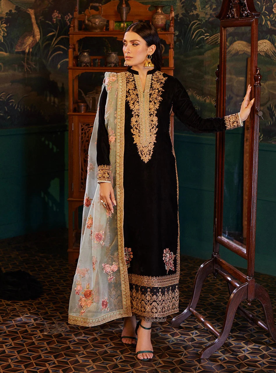 ZAINAB CHOTTANI UNSTITCHED 3-PC VELVET EMBROIDERED SHIRT AND ORGANZA EMBROIDERED DUPATTA WITH SILK TROUSER KZ-2040