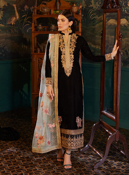 ZAINAB CHOTTANI UNSTITCHED 3-PC VELVET EMBROIDERED SHIRT AND ORGANZA EMBROIDERED DUPATTA WITH SILK TROUSER KZ-2040