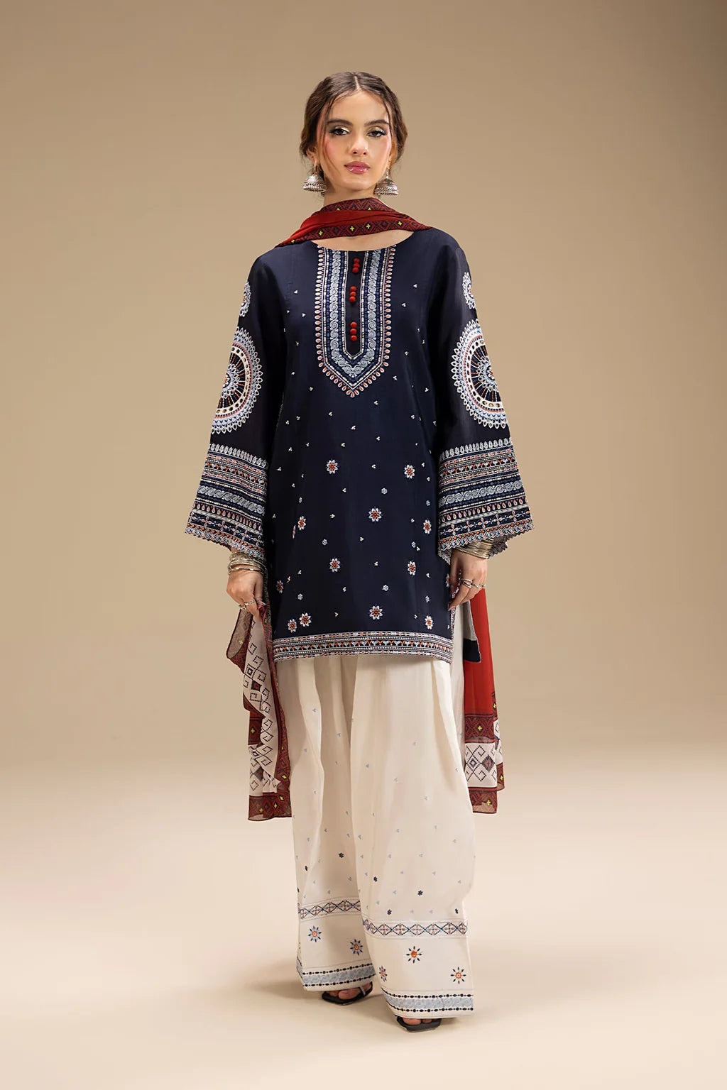JAZMIN UNSTITCHED 3-PC DHANAK EMBOIDERED SHIRT WITH COUTRAI PRINTED SHAWL AND TROUSER KZ-2006