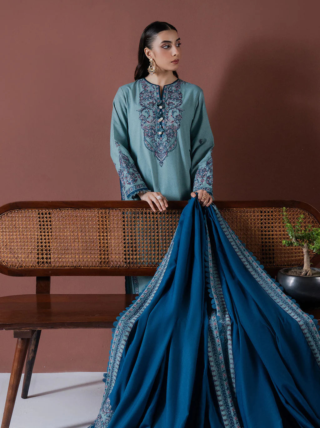 FAIZA FAISAL UNSTITCHED 3-PC DHANAK EMBROIDERED SHIRT WITH DHANAK EMBROIDERED SHAWL AND TROUSER KZ-2029