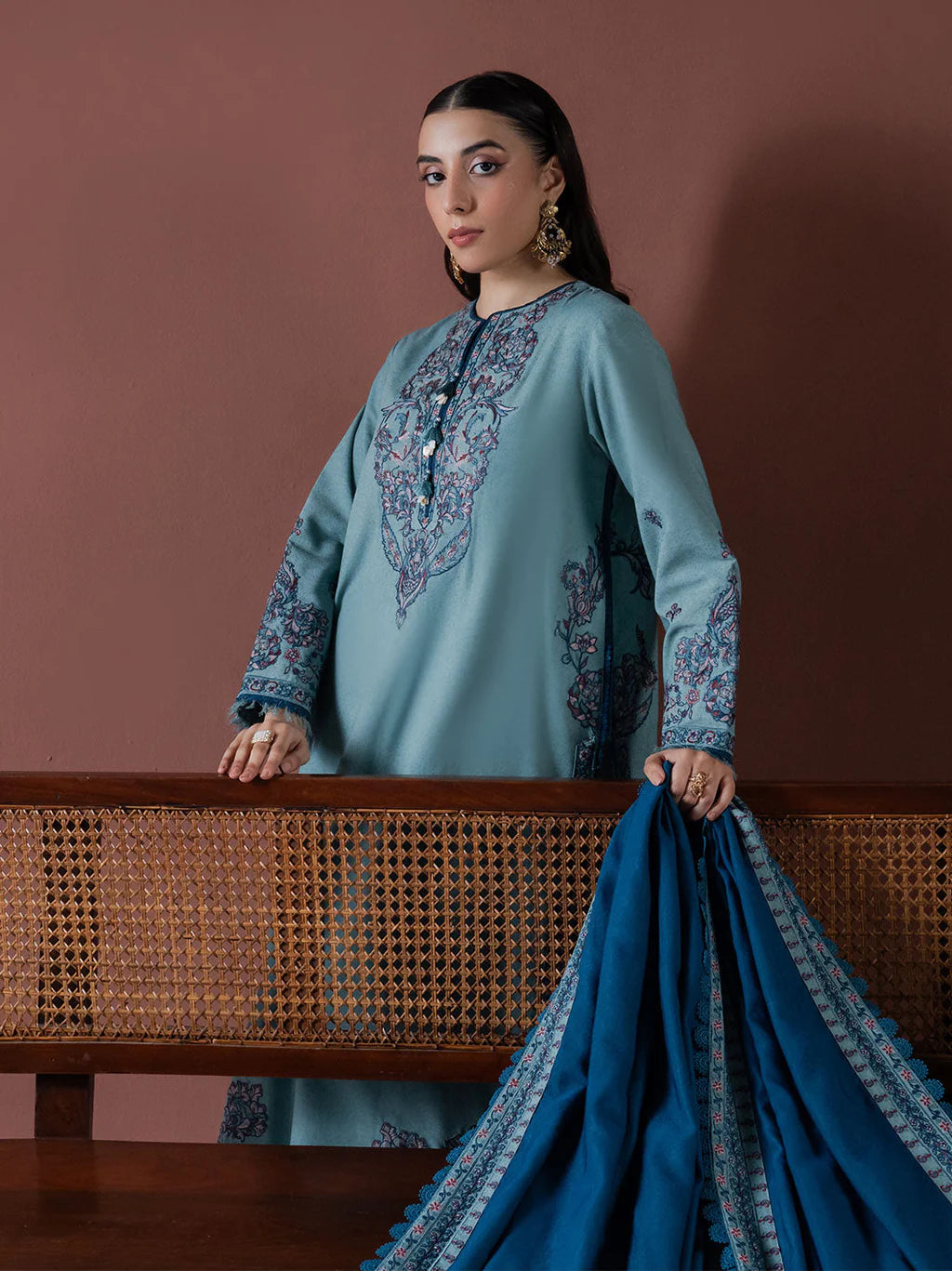 FAIZA FAISAL UNSTITCHED 3-PC DHANAK EMBROIDERED SHIRT WITH DHANAK EMBROIDERED SHAWL AND TROUSER KZ-2029