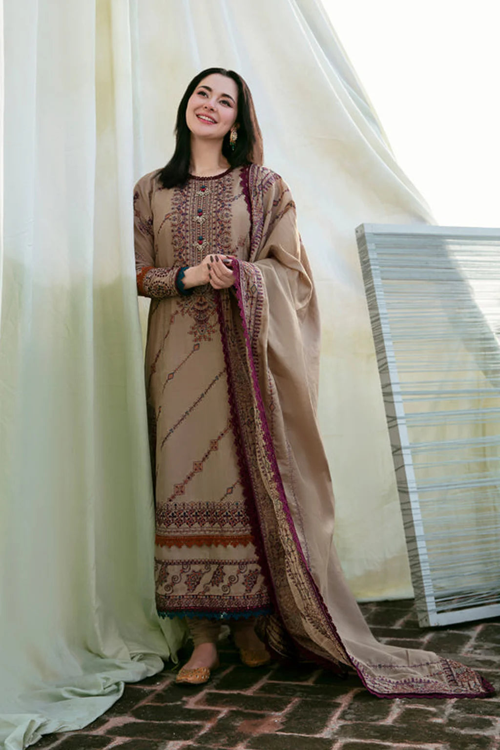 FLORENT UNSTITCHED 3-PC DHANAK EMBROIDERED SHIRT WITH DHANAK EMBROIDERED SHAWL AND TROUSER KZ-2026