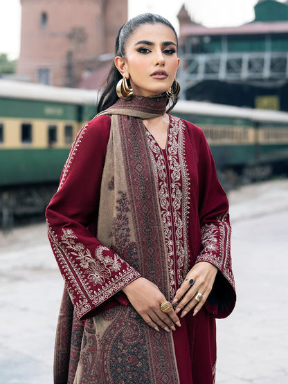IZEL UNSTITCHED 3-PC DHANAK EMBOIDERED SHIRT WITH COUTRAI PRINTED SHAWL AND TROUSER KZ-2005