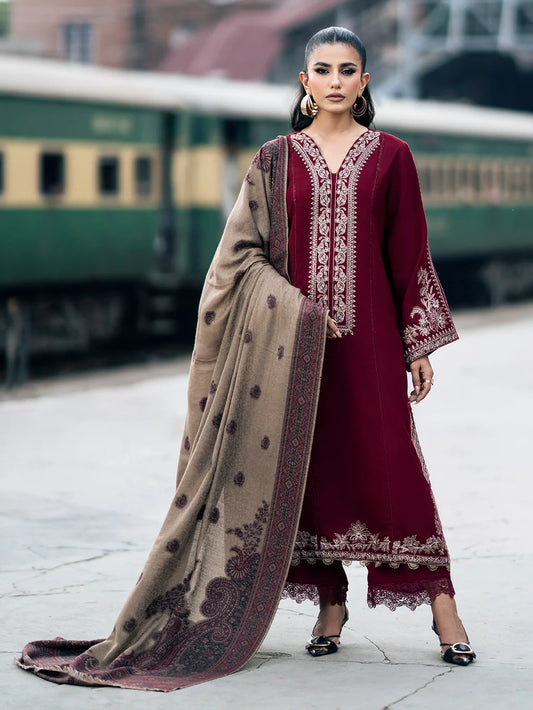 IZEL UNSTITCHED 3-PC DHANAK EMBOIDERED SHIRT WITH COUTRAI PRINTED SHAWL AND TROUSER KZ-2005