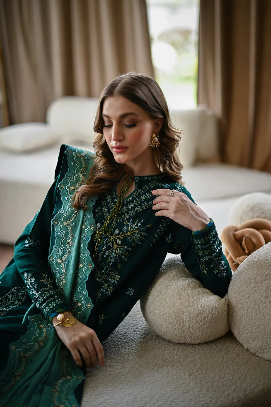 BATIK UNSTITCHED 3-PC KARANDI EMBROIDERED SHIRT WITH DHANAK EMBROIDERED SHAWL AND TROUSER KZ-2007