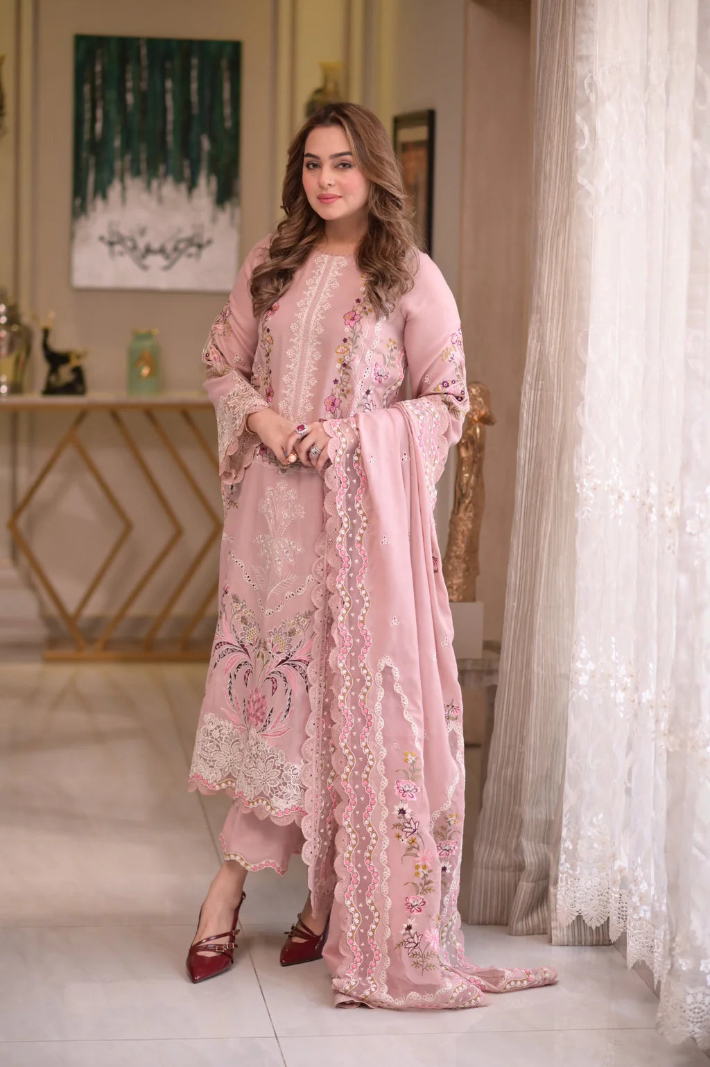 ANEELAS UNSTITCHED 3-PC LAWN CHIKANKARI EMBOIDERED SHIRT WITH READY TO WEAR EMB DUPATTA AND LAWN TROUSER KZ-2053