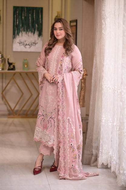ANEELAS UNSTITCHED 3-PC LAWN CHIKANKARI EMBOIDERED SHIRT WITH READY TO WEAR EMB DUPATTA AND LAWN TROUSER KZ-2053