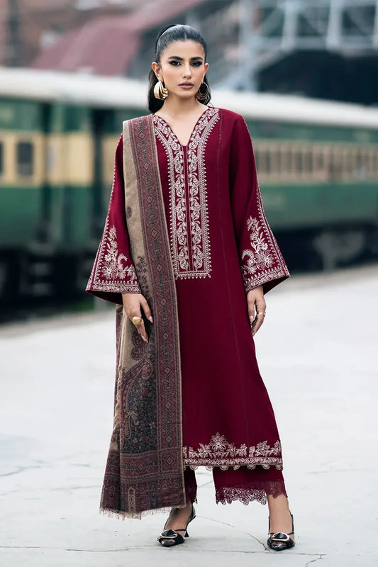 IZEL UNSTITCHED 3-PC DHANAK EMBOIDERED SHIRT WITH COUTRAI PRINTED SHAWL AND TROUSER KZ-2005