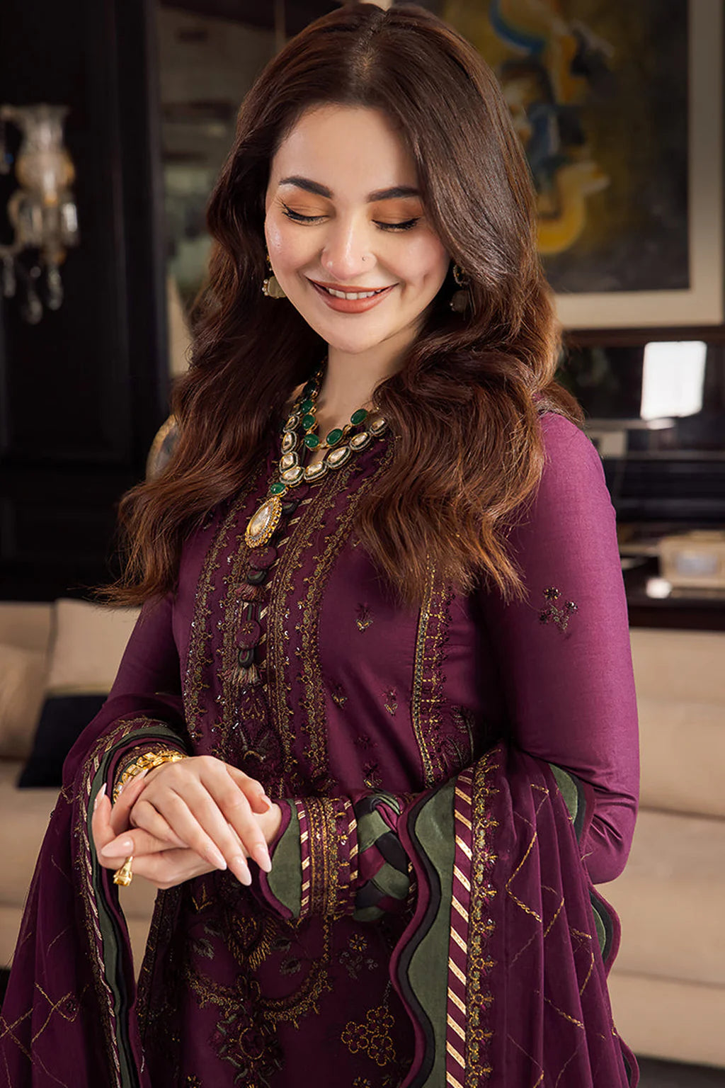 ASIM JOFA UNSTITCHED 3-PC DHANAK EMBROIDERED SHIRT WITH DHANAK EMBROIDERED SHAWL AND TROUSER KZ-2009