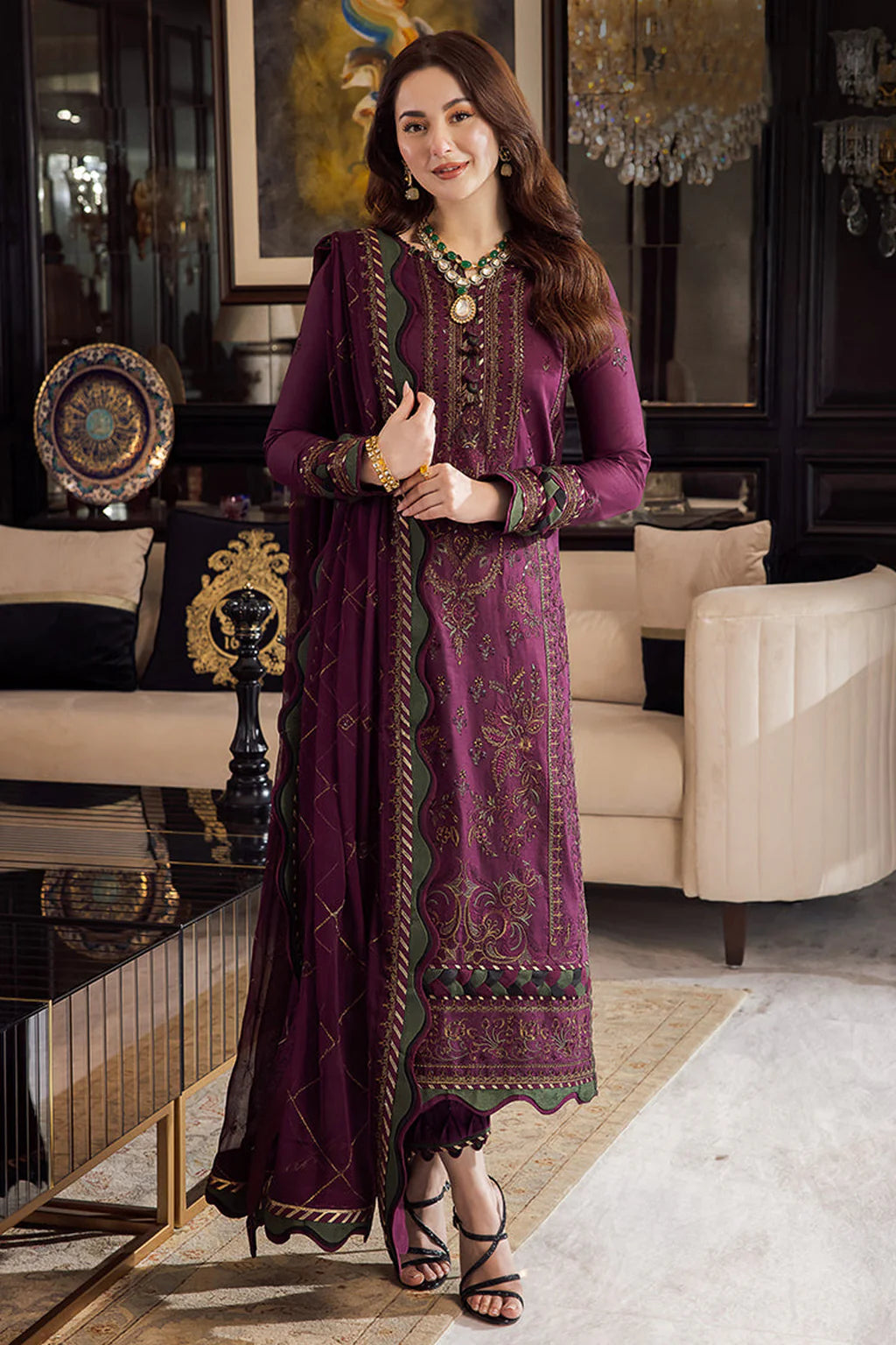 ASIM JOFA UNSTITCHED 3-PC DHANAK EMBROIDERED SHIRT WITH DHANAK EMBROIDERED SHAWL AND TROUSER KZ-2009