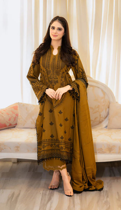 LIBAAS UNSTITCHED 3-PC DHANAK EMBOIDERED SHIRT WITH DHANAK EMBROIDERED SHAWL AND TROUSER KZ-2002