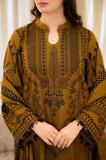 LIBAAS UNSTITCHED 3-PC DHANAK EMBOIDERED SHIRT WITH DHANAK EMBROIDERED SHAWL AND TROUSER KZ-2002