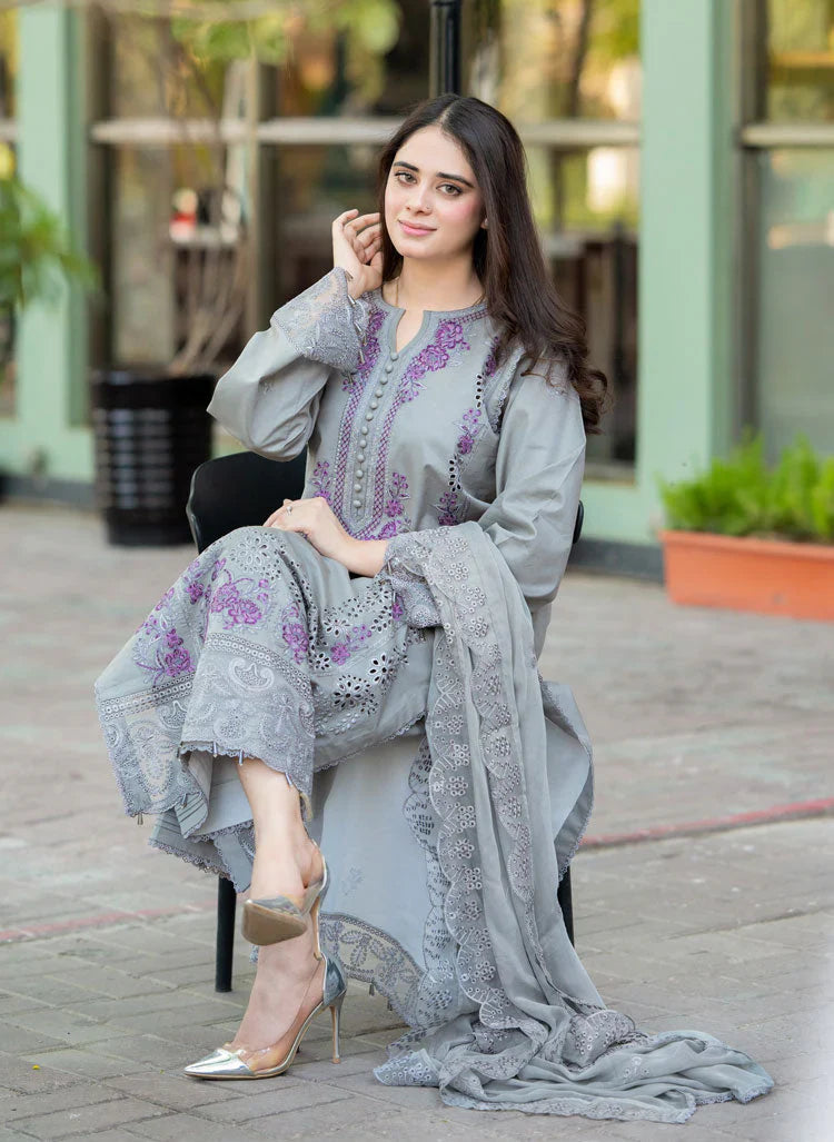 LIBAAS UNSTITCHED 3-PC LAWN EMBROIDERED SHIRT WITH DHANAK EMBROIDERED SHAWL AND TROUSER KZ-2001