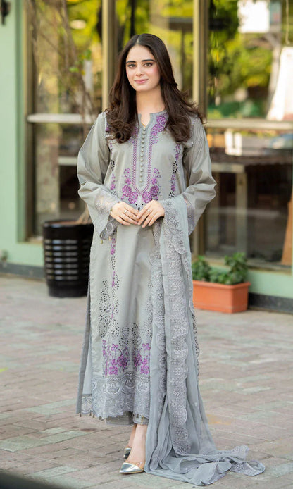 LIBAAS UNSTITCHED 3-PC LAWN EMBROIDERED SHIRT WITH DHANAK EMBROIDERED SHAWL AND TROUSER KZ-2001