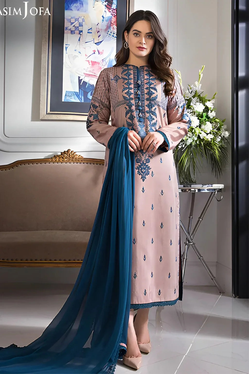ASIM JOFA UNSTITCHED 3-PC DHANAK EMBROIDERED SHIRT WITH BAMBER CHIFFON DUPATTA AND TROUSER KZ-2016
