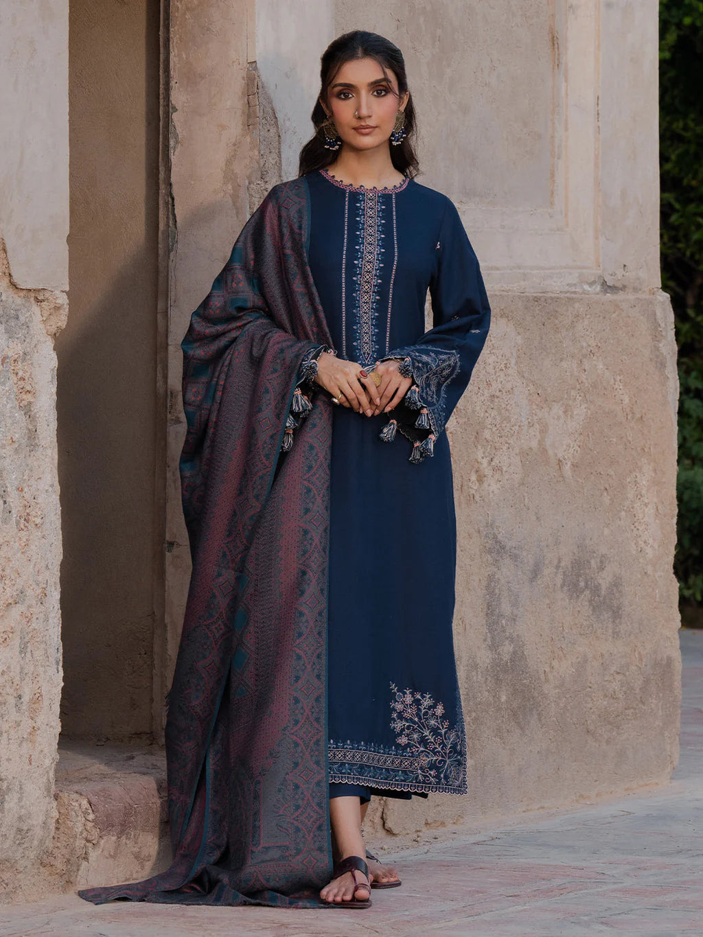 IZEL UNSTITCHED 3-PC DHANAK EMBROIDERED SHIRT WITH COUTRAI PRINTED SHAWL AND TROUSER KZ-2056