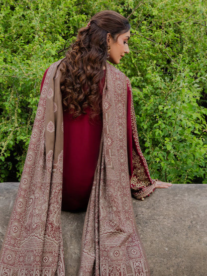 IZEL UNSTITCHED 3-PC DHANAK EMBROIDERED SHIRT WITH COUTRAI PRINTED SHAWL AND TROUSER KZ-2057