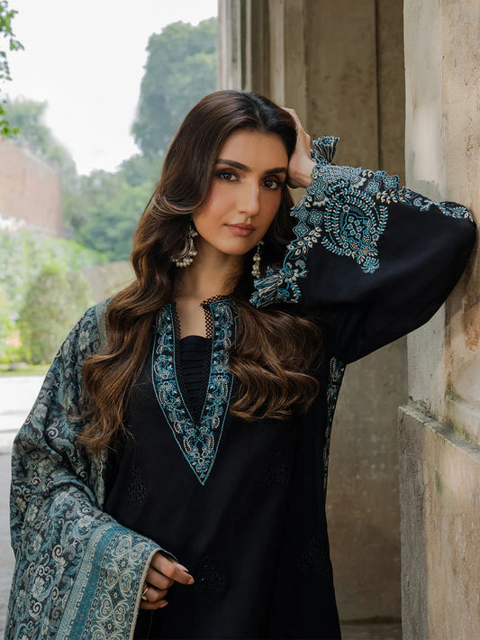 IZEL UNSTITCHED 3-PC DHANAK EMBROIDERED SHIRT WITH COUTRAI PRINTED SHAWL AND TROUSER KZ-2058