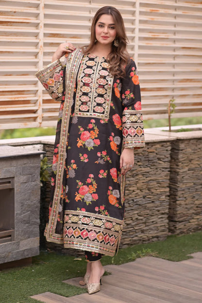 ANEEELAS UNSTITCHED 3-PC SHAMOZ SILK PRINT EMBROIDERED SHIRT AND MEDIUM SILK PRINT EMBROIDERED DUPATTA AND PRINTED TROUSER KZ-2018